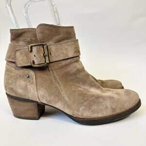 PAUL GREEN Booties Tan Suede Heeled Ankle Buckle Strap Moto